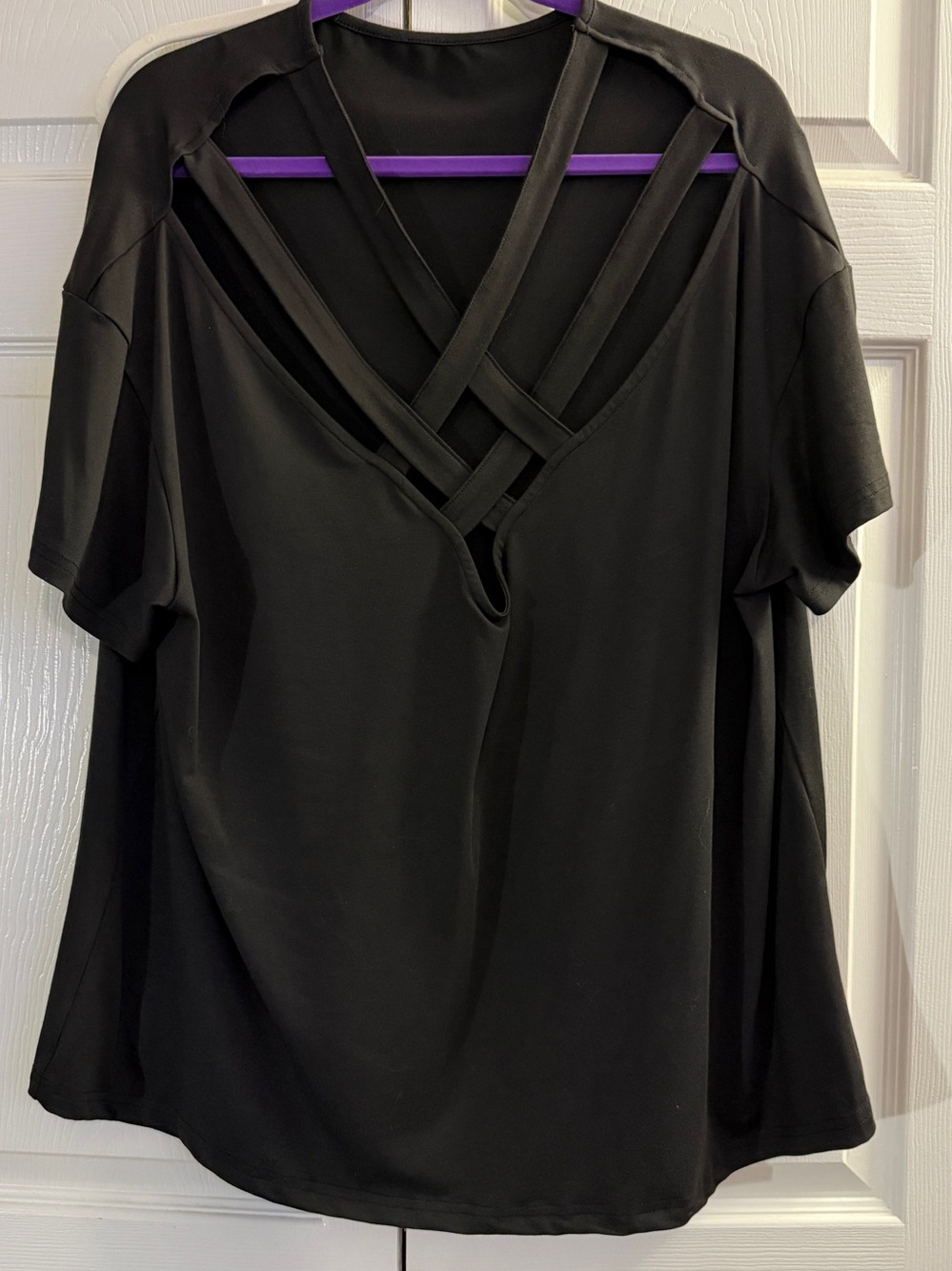 SHEIN Black Short Sleeve Top with Crisscross Strappy V neck
